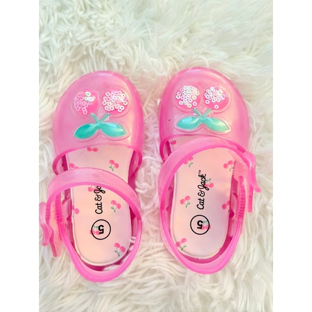 Cat & Jack Pink Jelly Sandals Size 5 Toddler Cherry Sequin Water Shoes - Picture 2 of 7